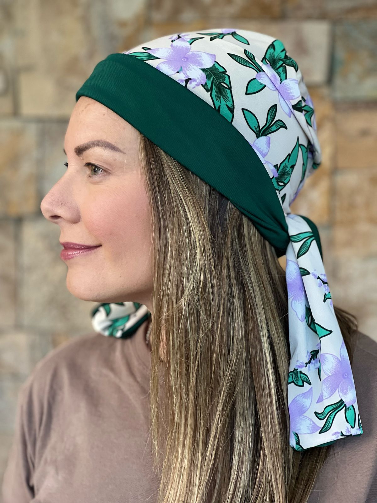 Turbante Reversible Floral Verde y Beige