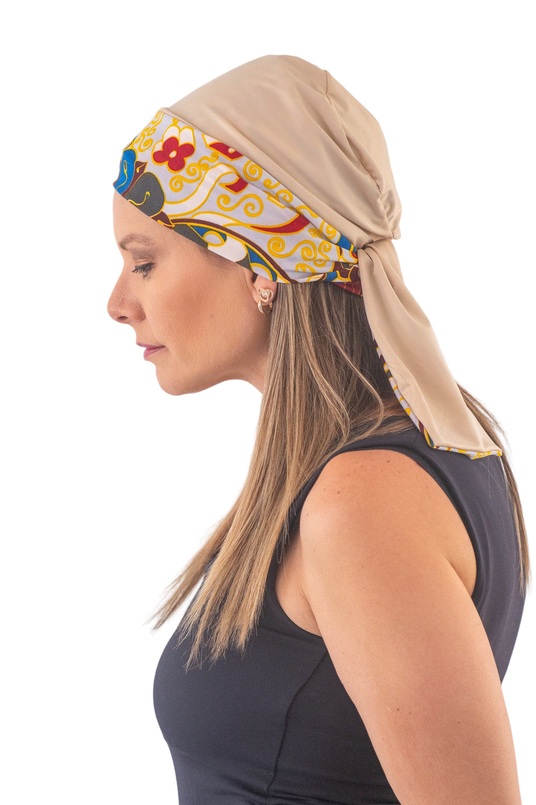 Turbante reversible beige y multicolor