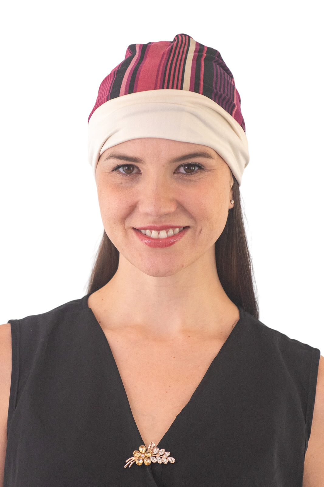 Turbante reversible beige y rayas morado