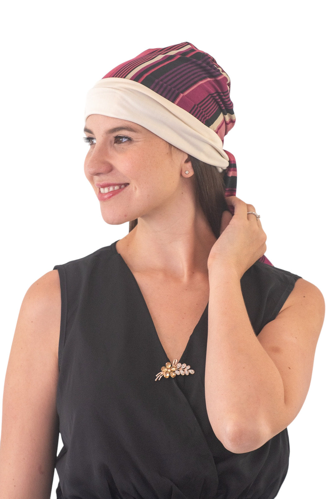 Turbante reversible beige y rayas morado