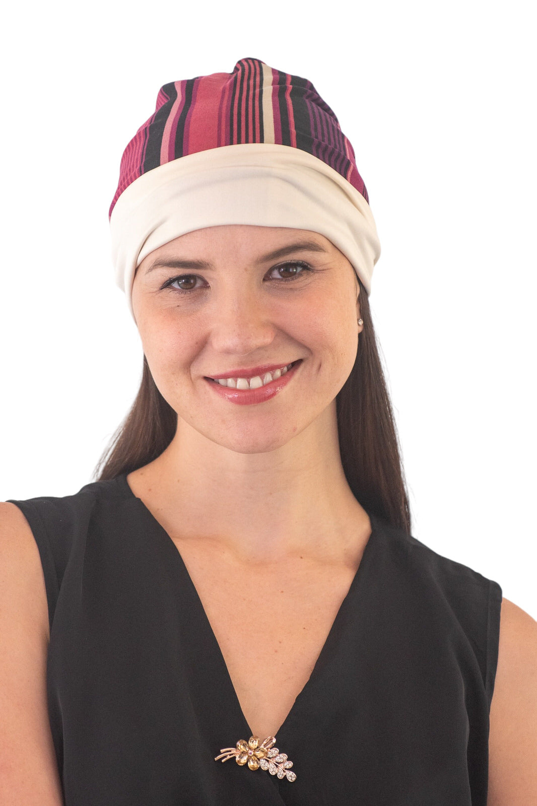 Turbante reversible beige y rayas morado