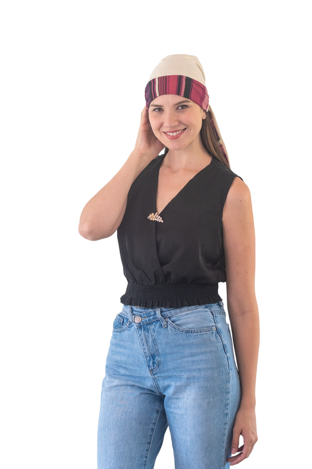 Turbante reversible beige y rayas morado