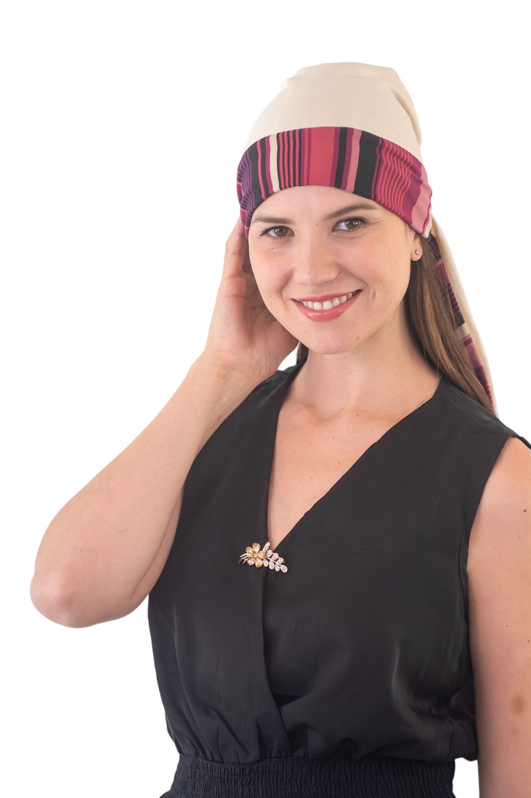 Turbante reversible beige y rayas morado