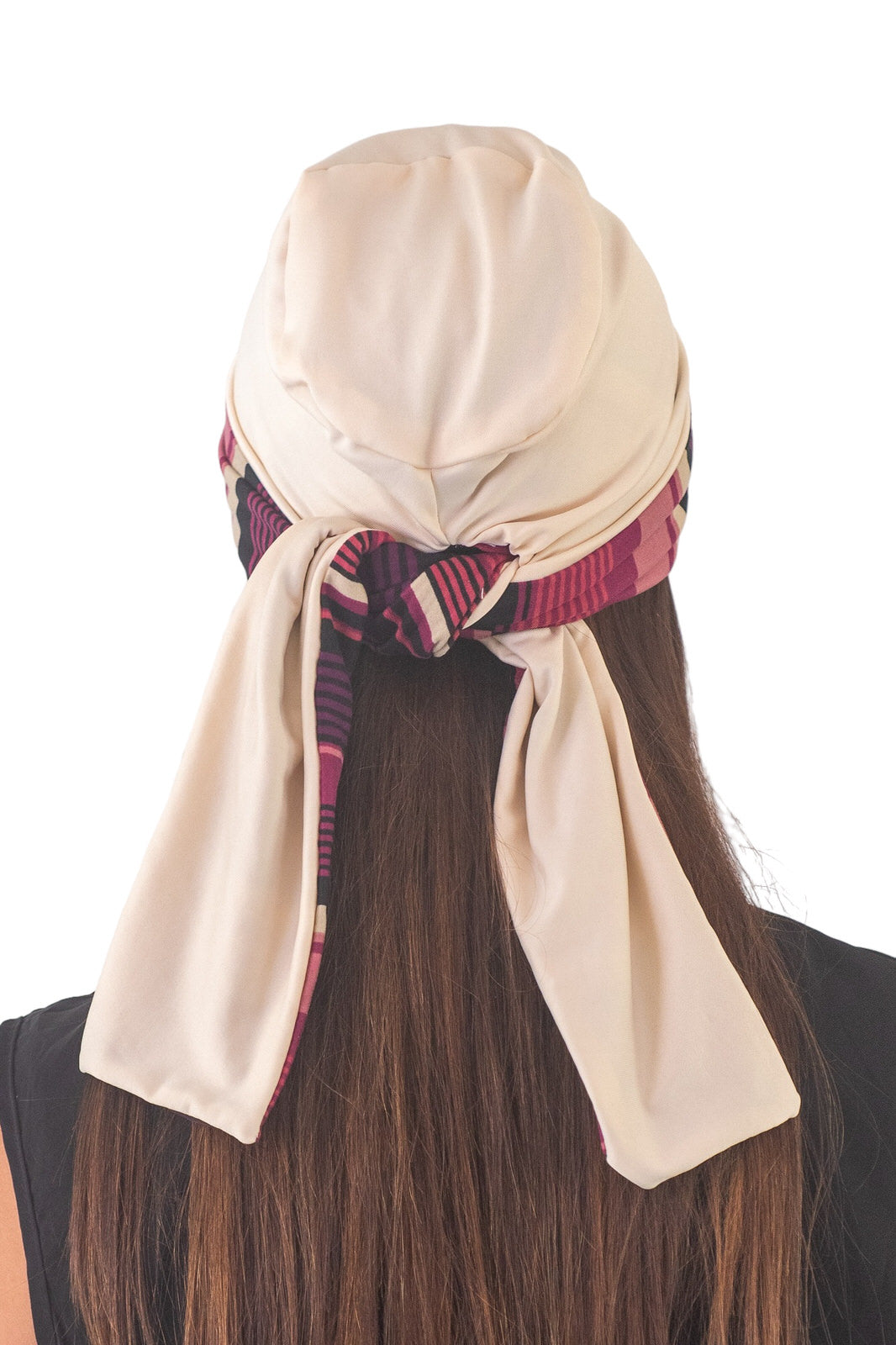 Turbante reversible beige y rayas morado