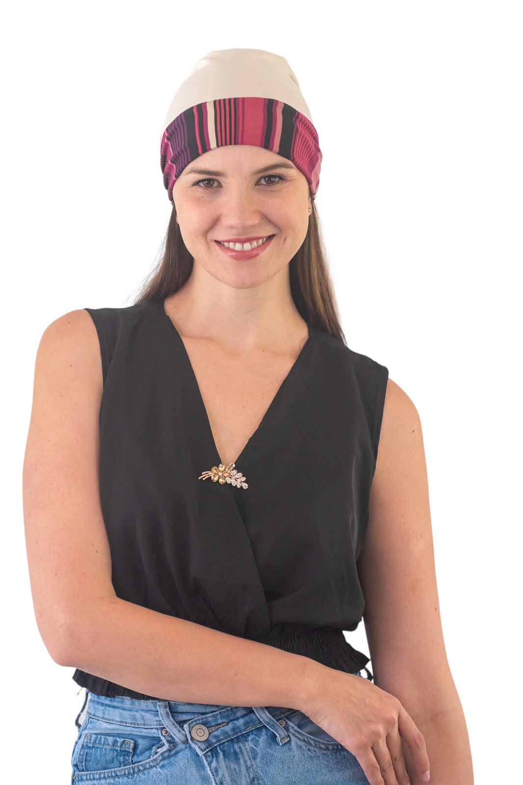 Turbante reversible beige y rayas morado