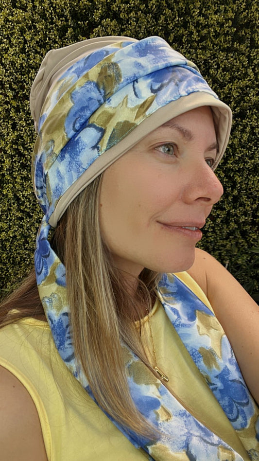 Turbante Tiras Largas Beige con Azul